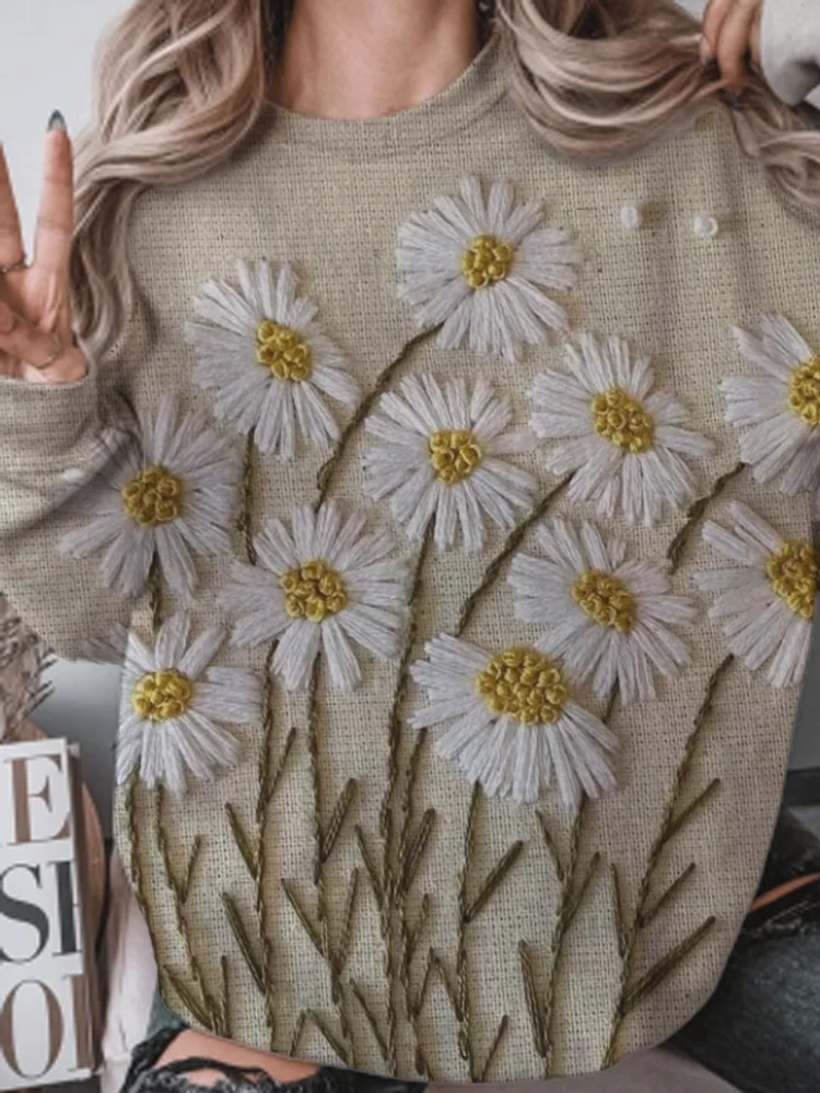 Women's Korean Small Fresh Embroidery Art Painting Three-Dimensional Feeling Printing Sweatshirt