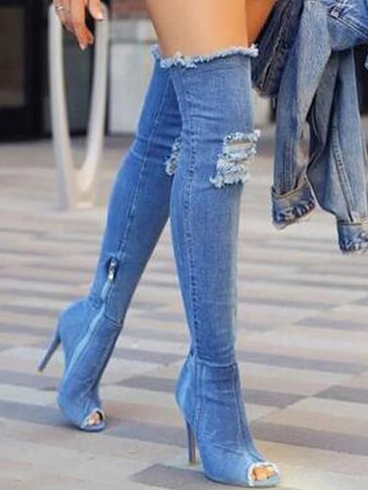 Fashion Ripped Denim Raw Edge Open Toe Thigh High Boots