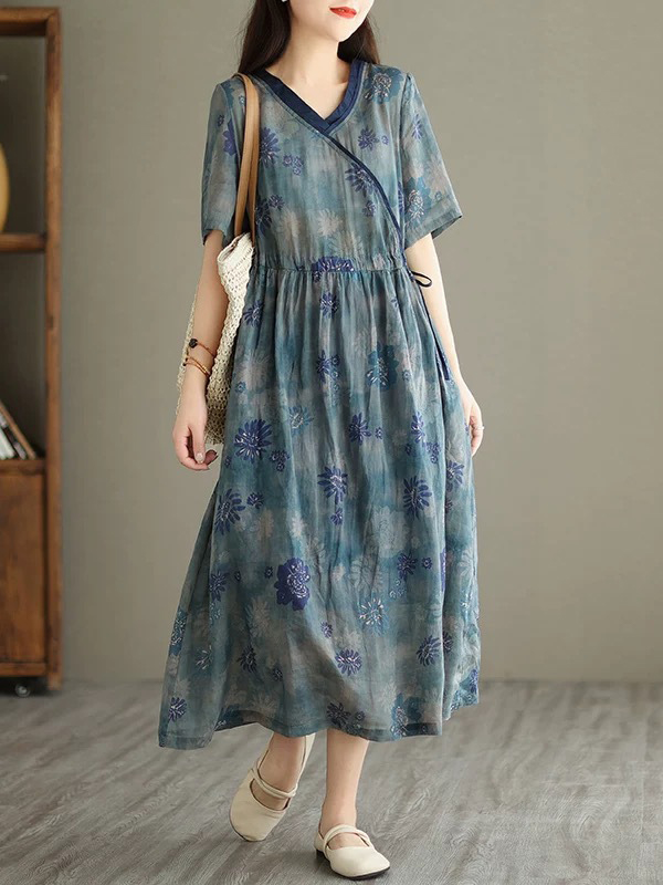 Floral Print V Neck Short Sleeve Maxi Dress