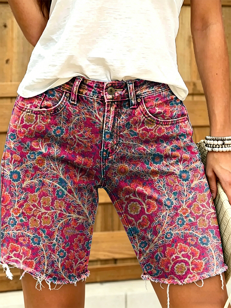 Women's Retro Ethnic Floral Art Print Casual Washed Cotton Denim Shorts