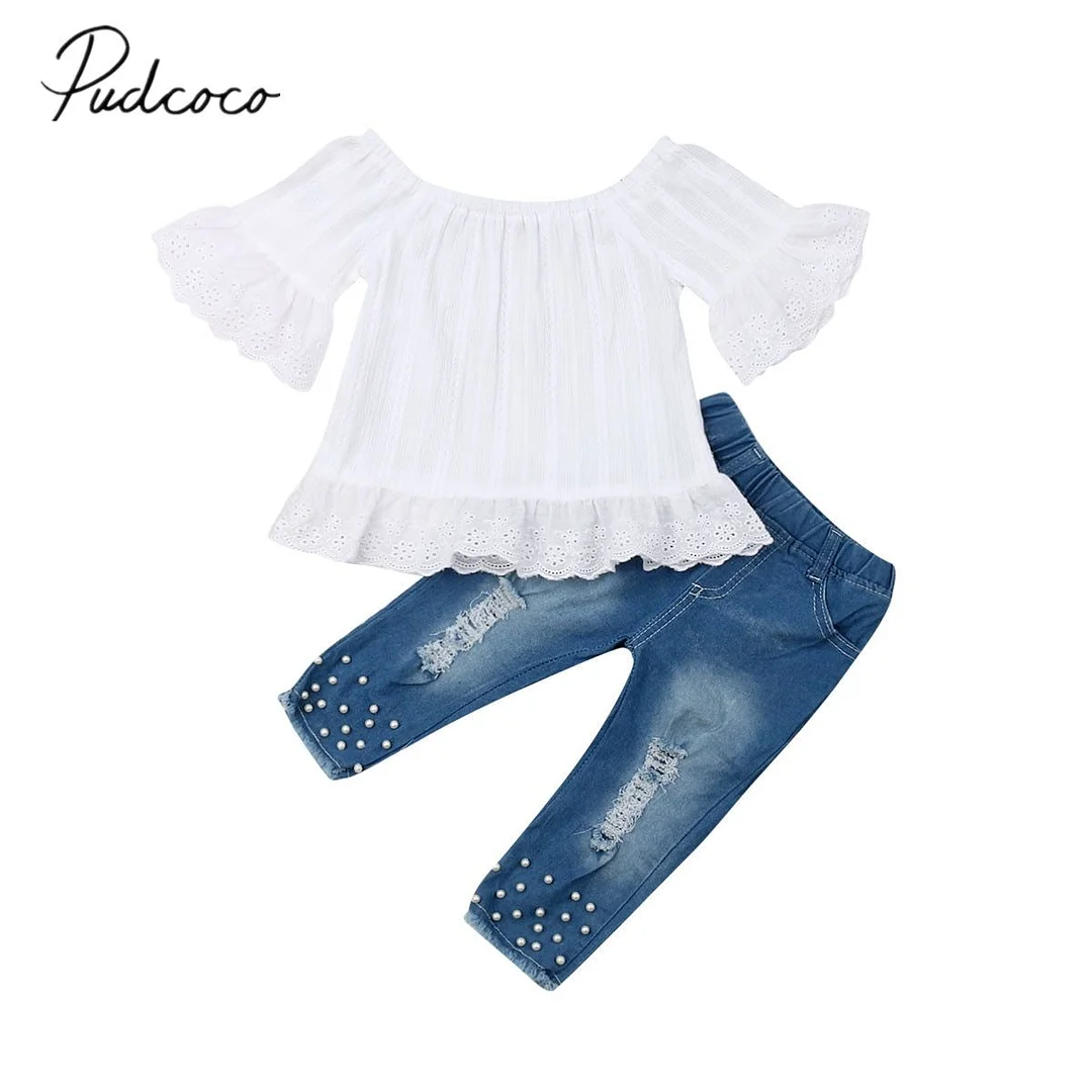 2019 Baby Summer Clothing 1-6Y Toddler Kids Baby Girls White Off Shoulder Tops T-shirt Denim Pearl Long Pants Jeans Outfits Set