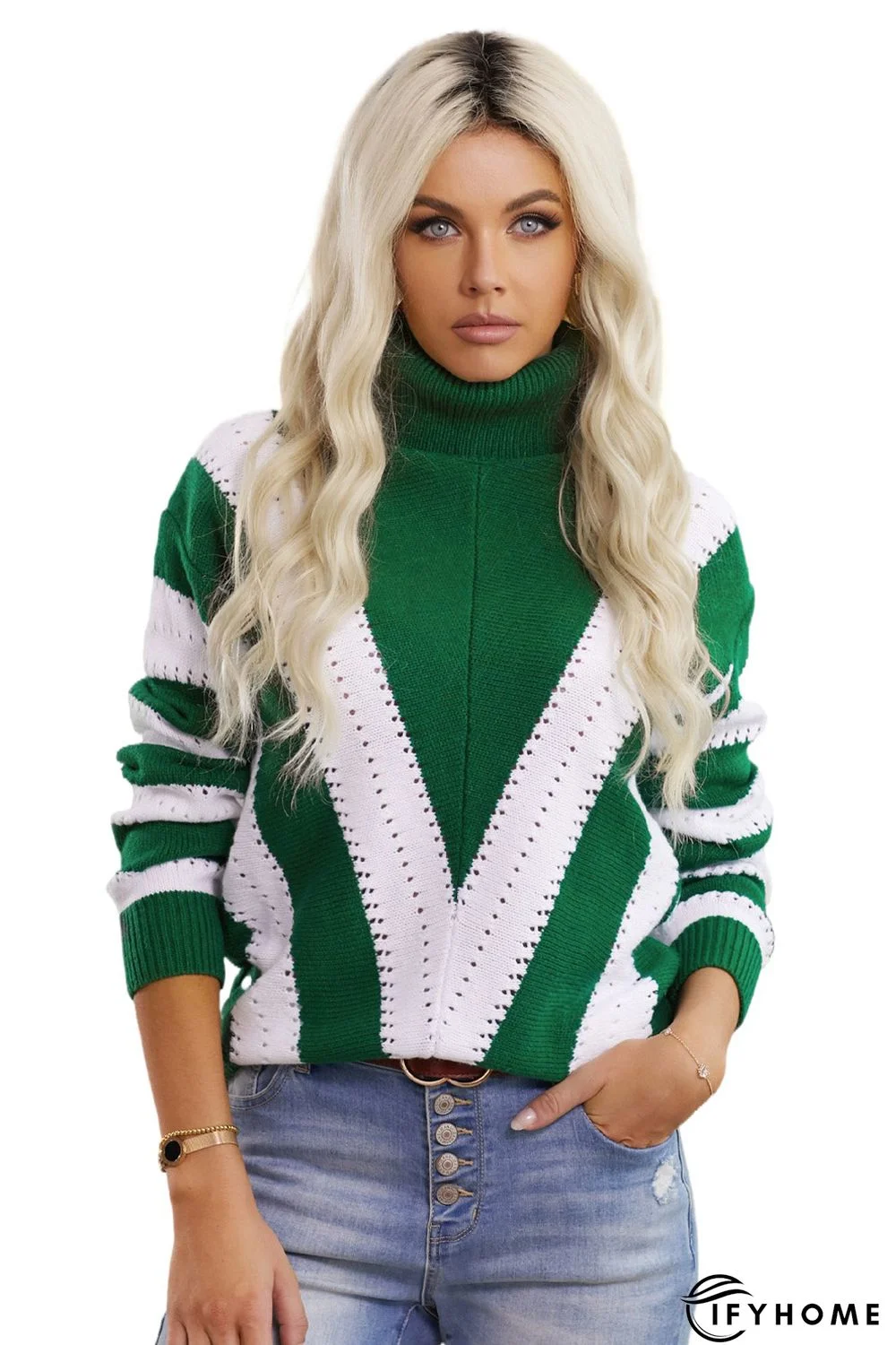 Green Striped Color Block Turtleneck Knitted Sweater | IFYHOME