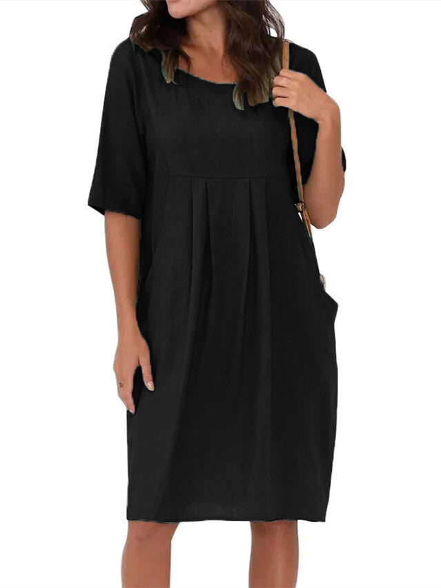 Women's Half Sleeve Round Neck Solid Color Loose Casual Pocket Dress