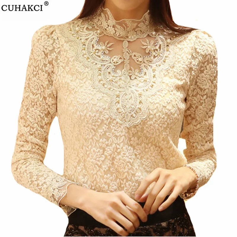 CUHAKCI  White BlousesWomen Sexy Shirt Lace Blouse Autumn Spring Long Sleeve Tops Casual Elegant Female Black XXXL