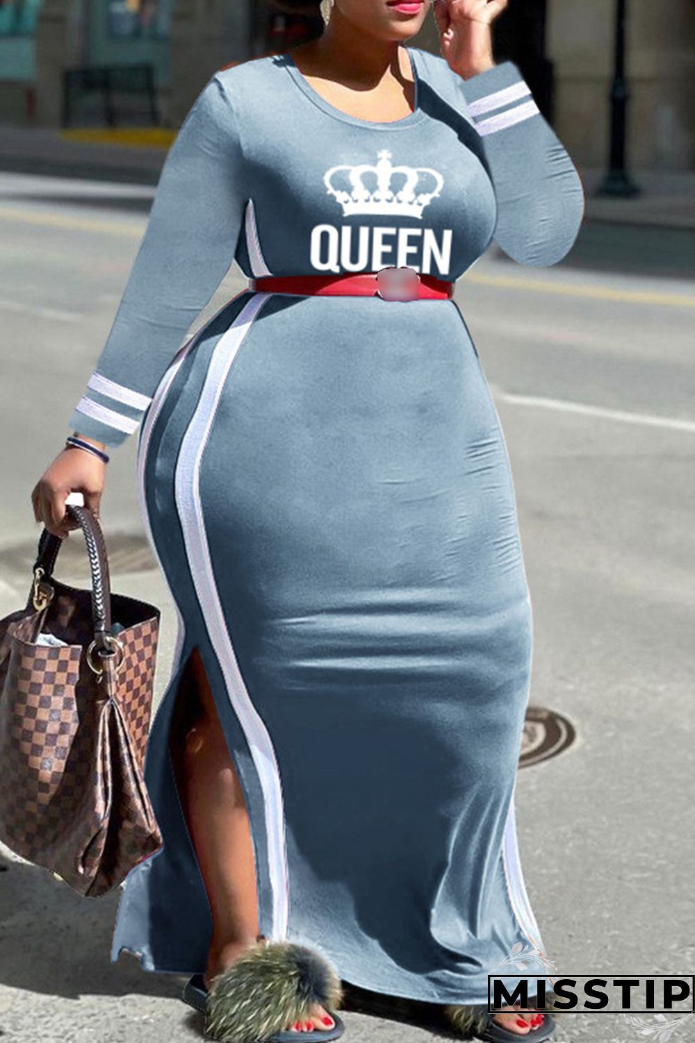 Gray Blue Fashion Casual Letter Print Patchwork O Neck Plus Size Dresses (Without Belt)