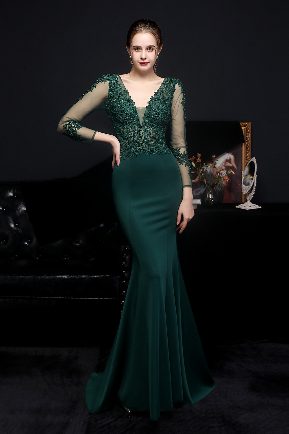 Bellasprom Long Sleeves Mermaid Evening Dress V-Neck With Lace ...