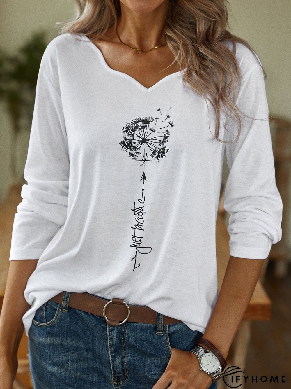 Casual Autumn Dandelion V neck Micro-Elasticity Loose Jersey Long sleeve H-Line Top for Women | IFYHOME