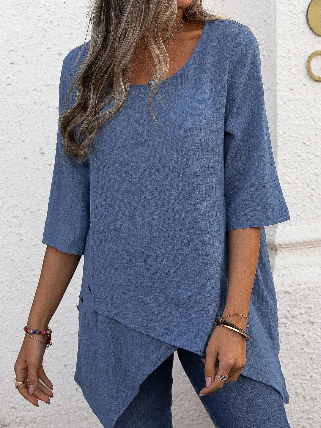 Women Half Sleeve Scoop Neck Solid Color Asymmetrical Tops