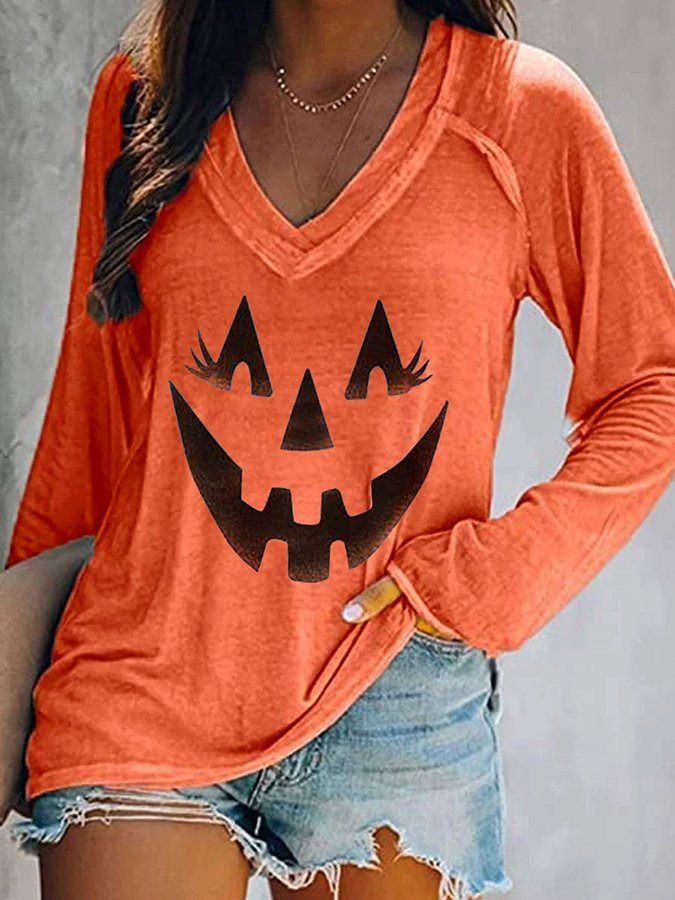 Halloween Smiley Pumpkin Print V-neck Casual T-Shirt