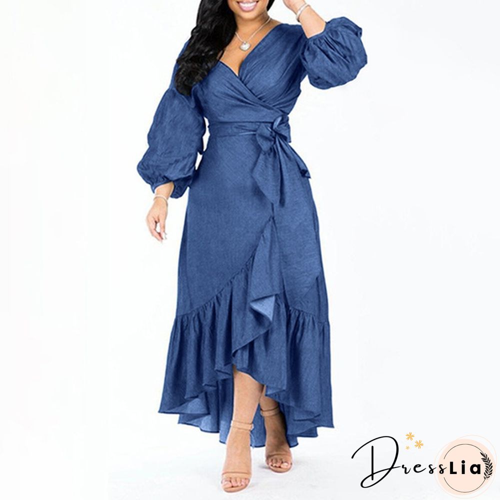 Women's Fashion Puff Sleeve Deep V Neck Tunic Denim Ruffled Dress Irregular Hem Elegant Party Long Dresses Vestidos S-5XL