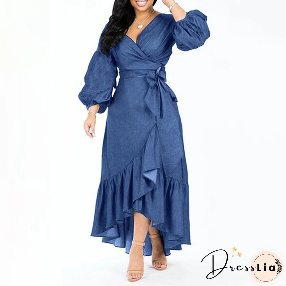 Women's Fashion Puff Sleeve Deep V Neck Tunic Denim Ruffled Dress Irregular Hem Elegant Party Long Dresses Vestidos S-5XL