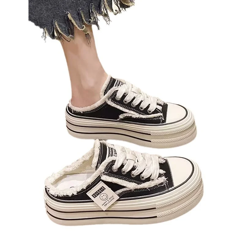 Churchf Churchf Quality Leisure After Empty Slippers Women Wear 2024 Summer New Canvas Shoes Thick Sole Half Mop Cake Women's Slippers