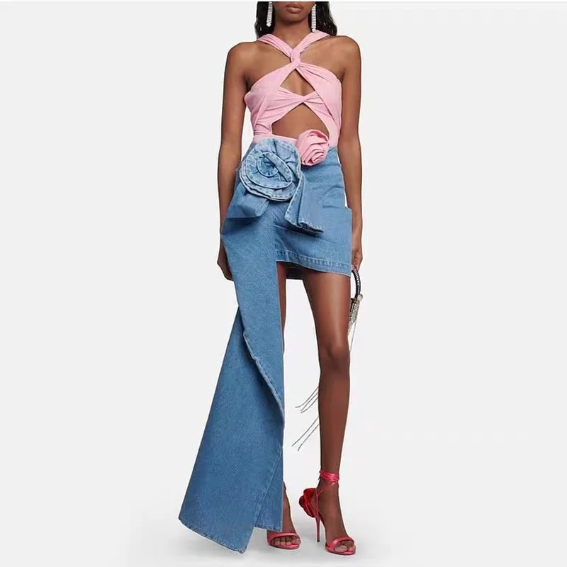 3D three-dimensional rose blue denim package hip half skirt women's fashion high street asymmetric y2k mini half skirt 2023 new
