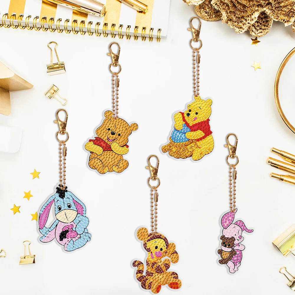 5pcs Winnie-the-Pooh DIY Diamond Art Key Rings Cartoon Keychain Supplies Gift for Kids(Double Sided)