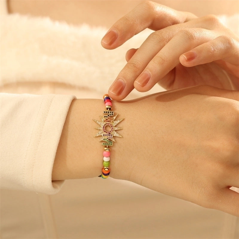 Ethnic Style Bohemian Letter Copper Beaded Inlay 18K Gold Plated Zircon Drawstring Bracelets
