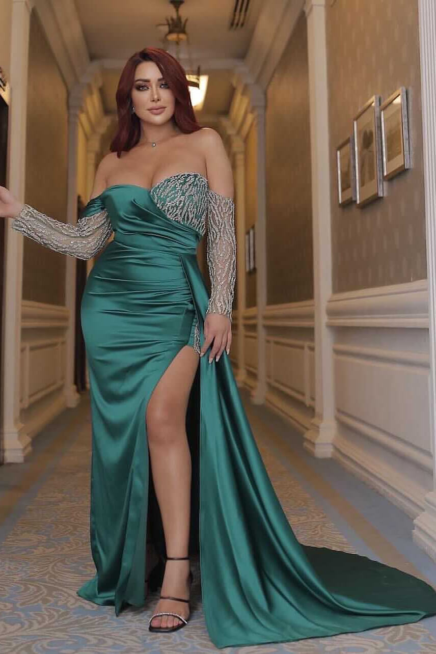 Amazing Emerald Green Long Sleeves Evening Party Gowns Mermaid Slit Off-the-Shoulder - lulusllly