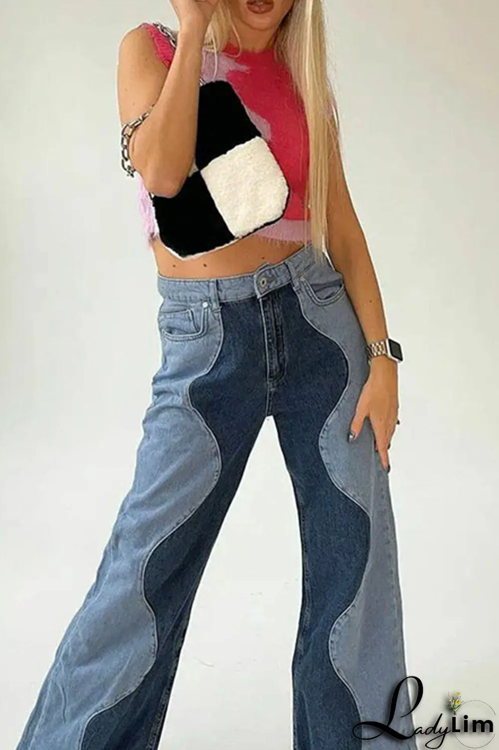 Blue Casual Street Solid Split Joint High Waist Denim Jeans