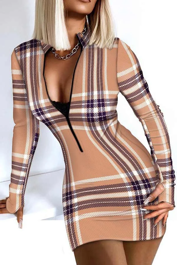 Sexy V Neck Print Zipper Skinny Dress