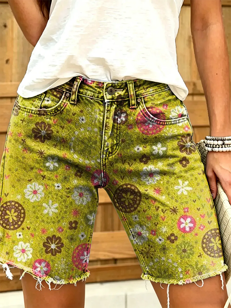 Women's Vintage Floral Print Denim Shorts