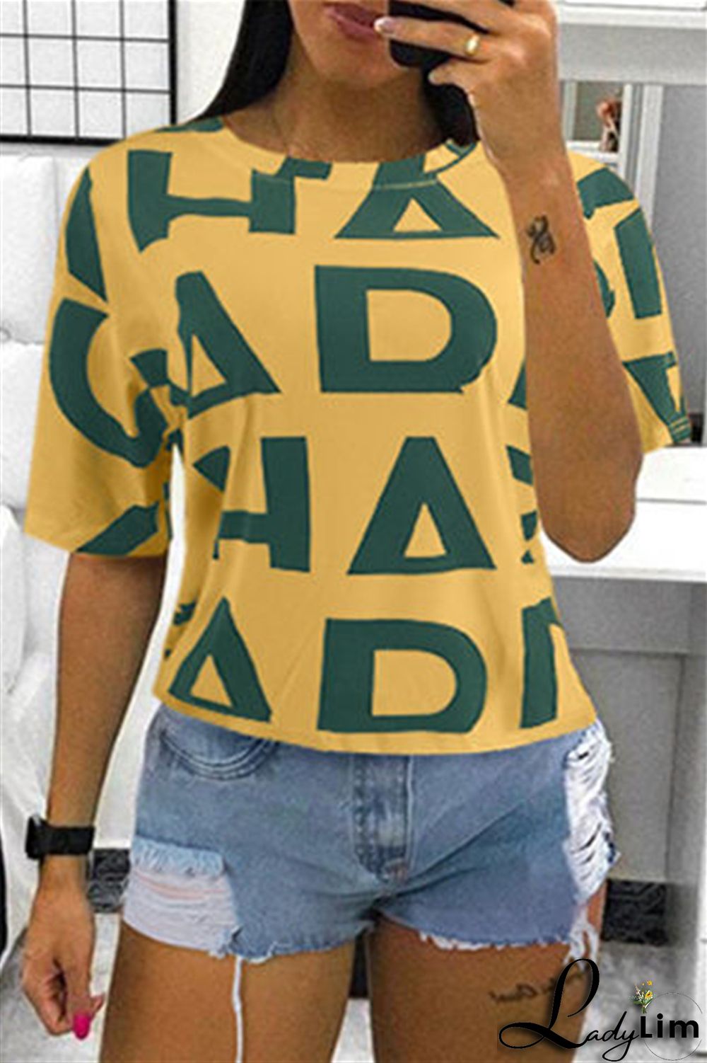 Yellow Fashion Casual Print Basic O Neck T-Shirts