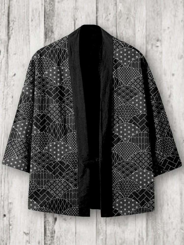 Japanese Sashiko Waves Art Linen Blend Kimono Cardigan
