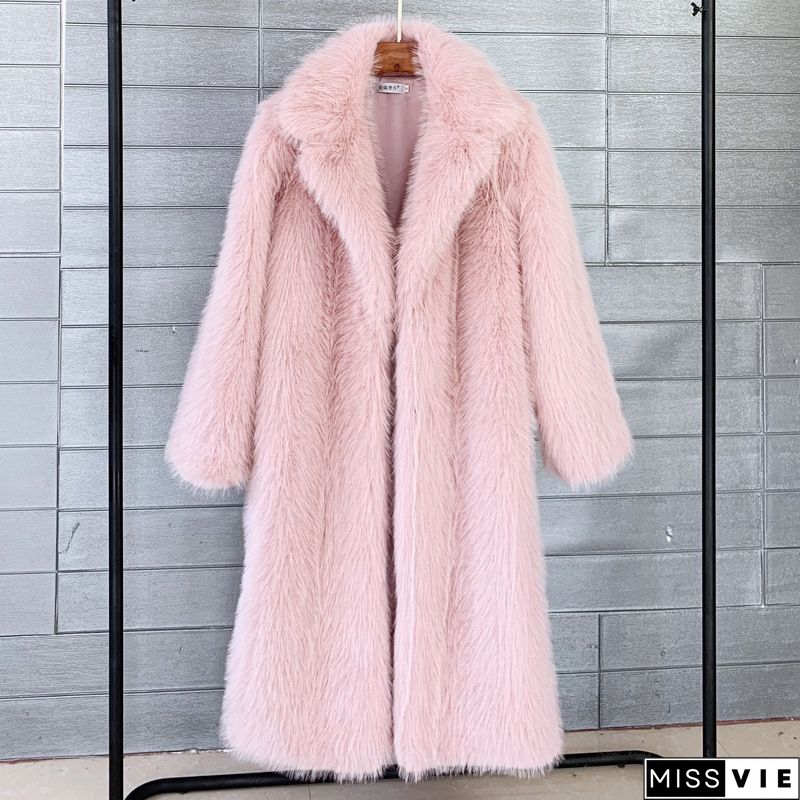 Women's Winter New Fashion Plus Size Luxury Elegant Solid Color Turn Down Collar Faux Fur Coat Warm Outerwear Tops