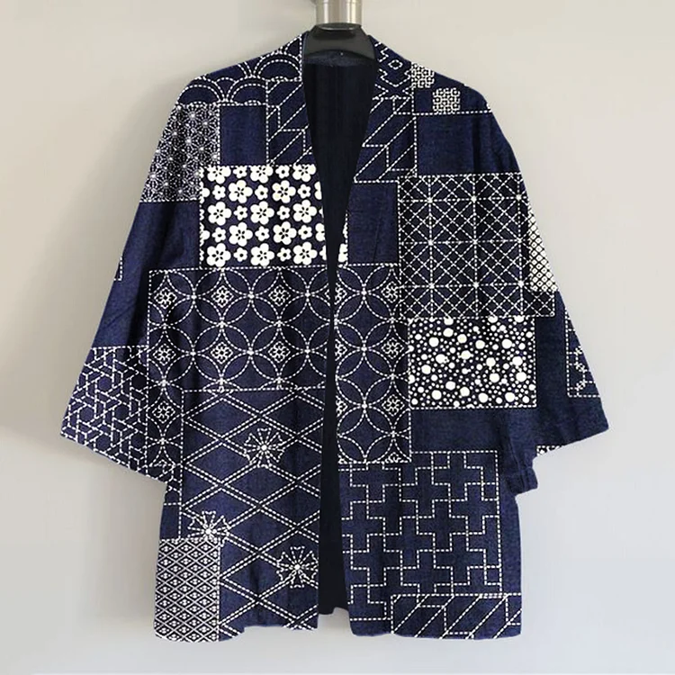 Comstylish Vintage Japanese Traditional Sashiko Patchwork Art Print Linen Blend Kimono Cardigan