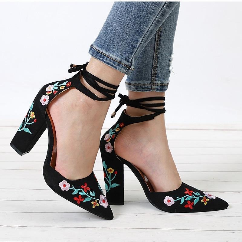 Women High Heels Plus Size Embroidery Pumps Flower Ankle Strap Shoes Female Two Piece Sexy Party Wedding Pointed Toe 1020-1