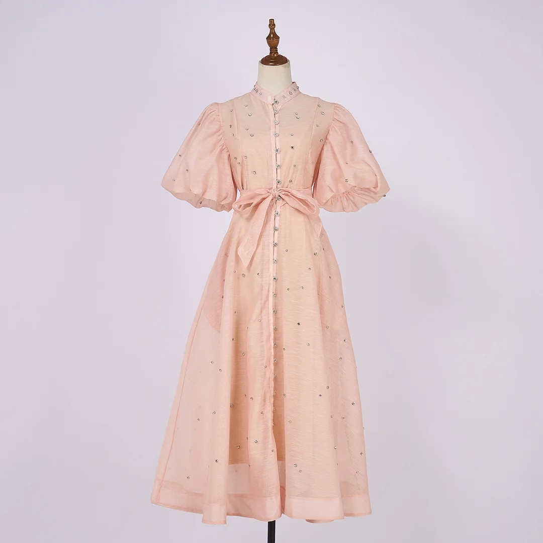 Nigikala Nigikala Court Style High Design Feeling Heavy Industry Nail Drill Short Sleeve Single Buckle Dress + Sling