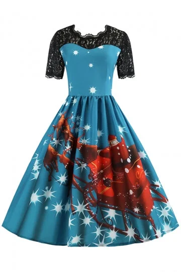 Short Sleeve Lace Patchwork Santa Print Christmas Skater Dress Turquoise-elleschic