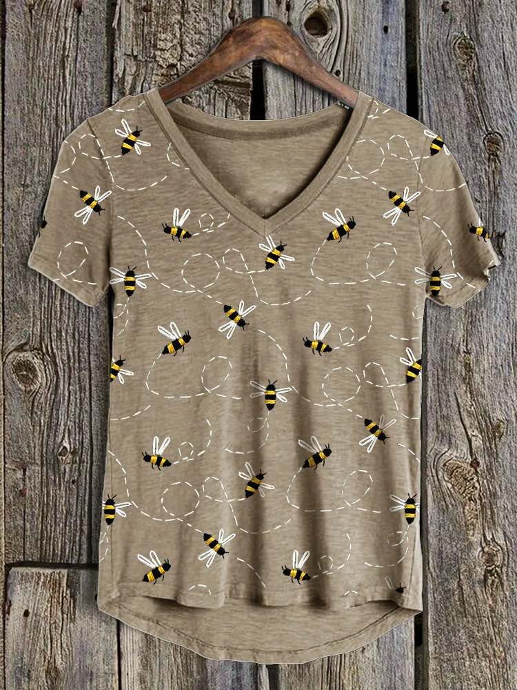 VChics Flying Bees Embroidery Pattern V Neck T Shirt