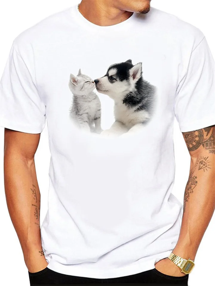 White Short-sleeved Men's Top with Kitten and Husky Pattern-Mixcun