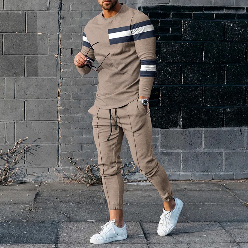 Contrasting Stripe Khaki Chic T-Shirt And Pants Co-Ord