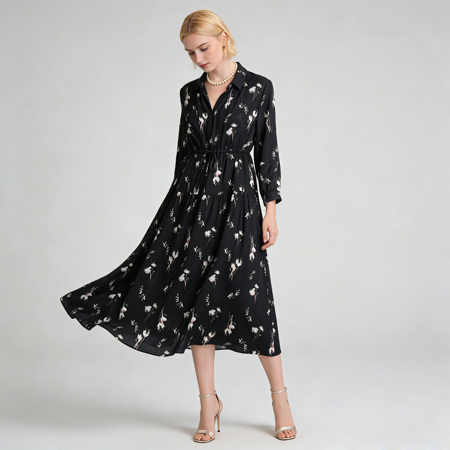100% Mulberry Silk Dress Black Printed REAL SILK LIFE