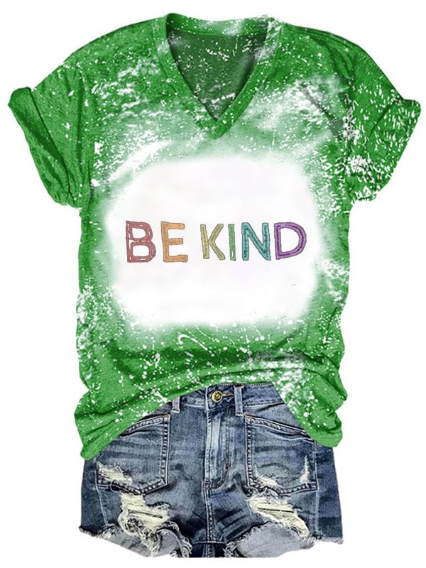 Short Sleeve V Neck Gradient Be Kind Letter Printed T-shirt
