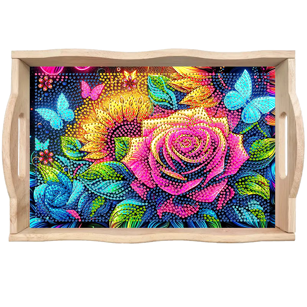 Butterfly Diamond Painting Wooden Serving Tray with Handles Home Decor (C)