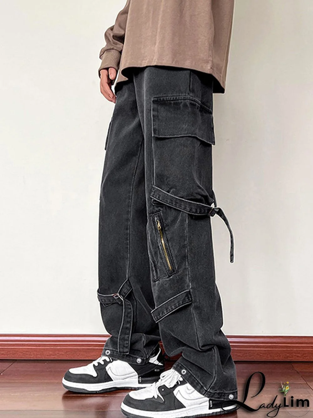 Men's Zipper Lace Up Decor Cargo Jeans