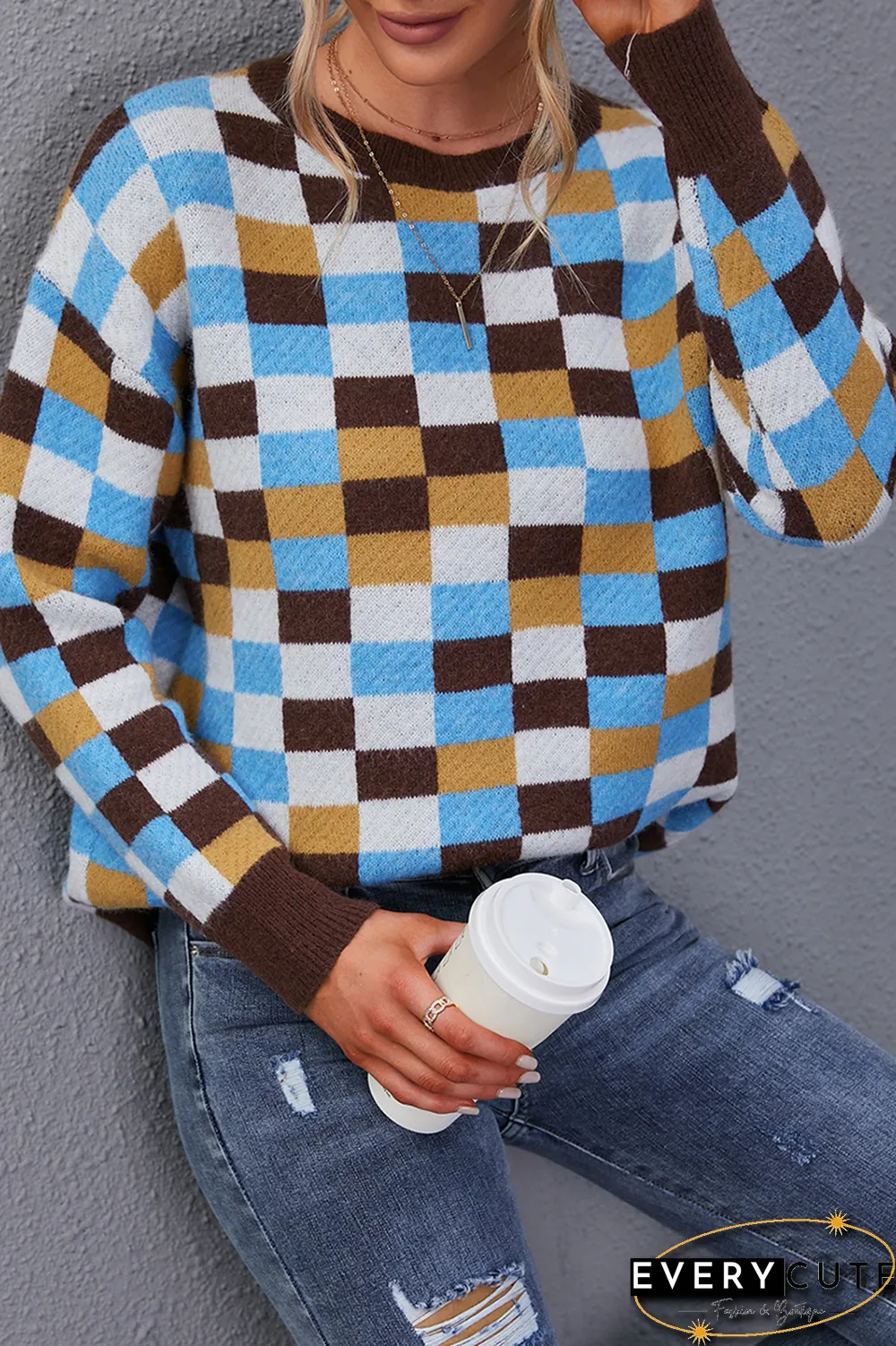 Casual Plaid Split Joint O Neck Tops