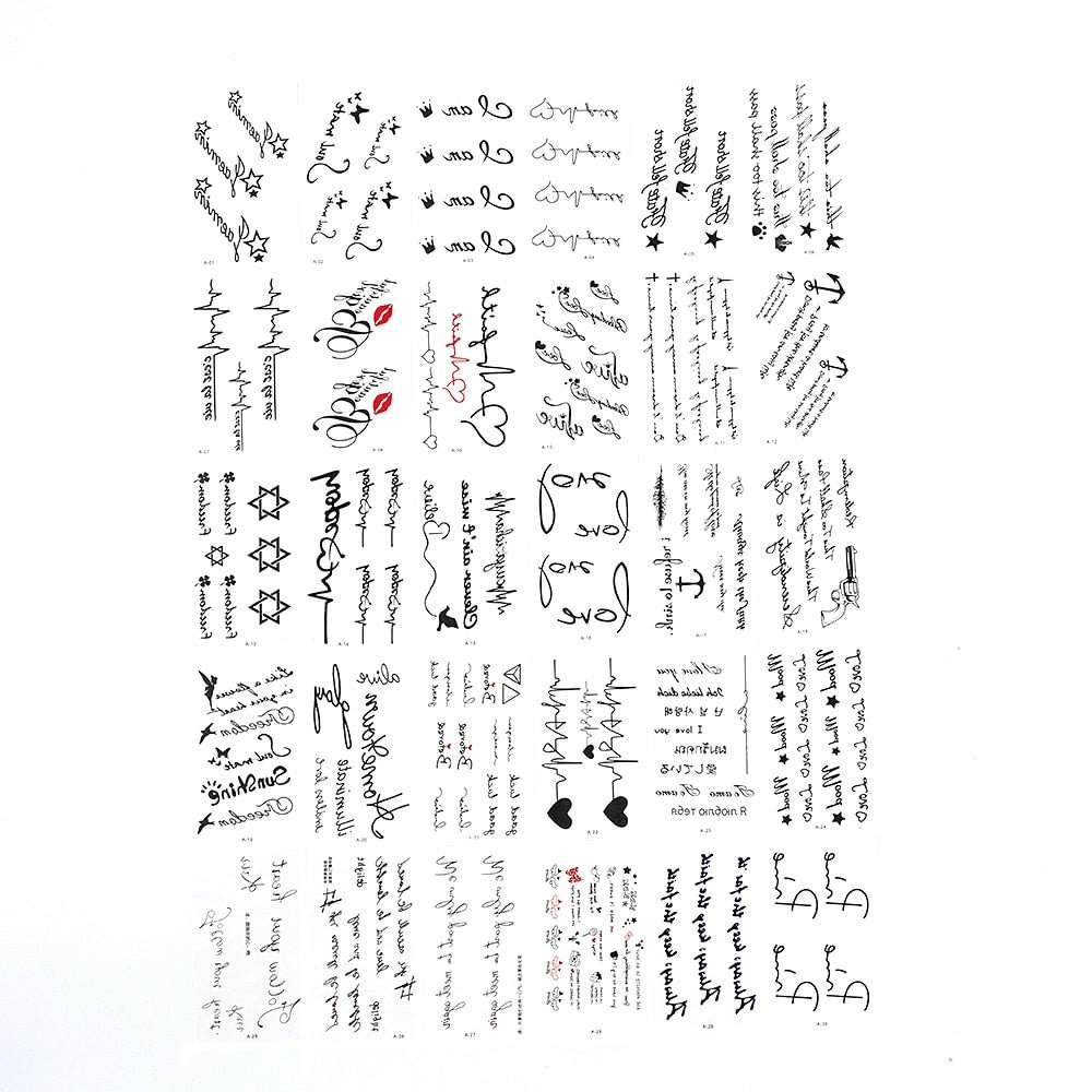 Hot 30Sheet/Lot Temporary Tattoo Sticker Letters Feather Body Art Tattoos Waterproof Flowers Tattoos Sticker Fake Water Transfer