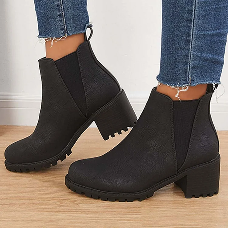 Faux Leather Chelsea Lug Boots Slip-On Chunky Heel Ankle Booties