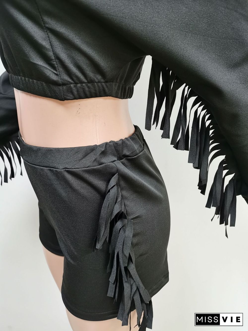 Tassel Hooded Crop Top+Bike Shorts Sets
