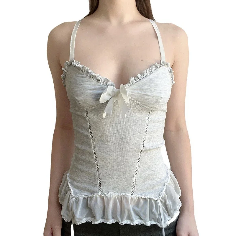 Toloer Toloer Desire Sexy Wind Wood Ear V Collar Sling Female Bow Chest Knit Mesh Splicing Vest-Outfit Ideas