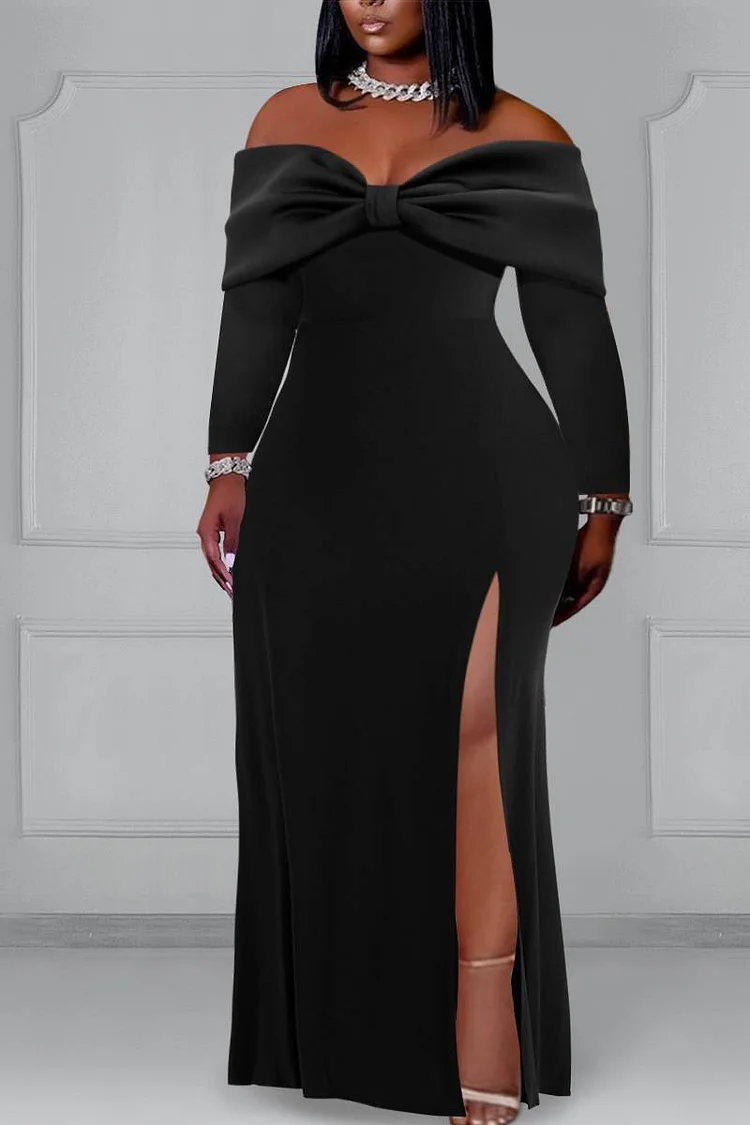 Plus Size Black Prom Off Shoulder High Split Long Sleeve Maxi Dress