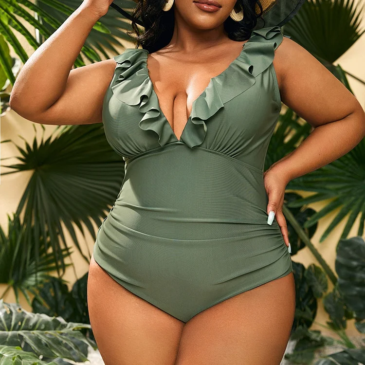 Plus Size Solid Color Ruffled V-neck One-piece Swimsuit