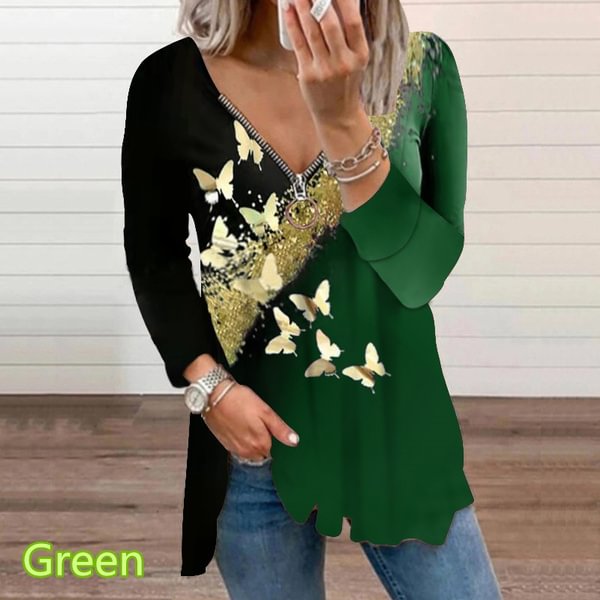 Spring and Early Autumn New Fashion Women's Butterfly Printed Casual Plus Size Long Sleeve Zipper V-neck Top Loose Soft and Comfortable Long Sleeve Bottoming Shirt XS-5XL - Life is Beautiful for You - SheChoic
