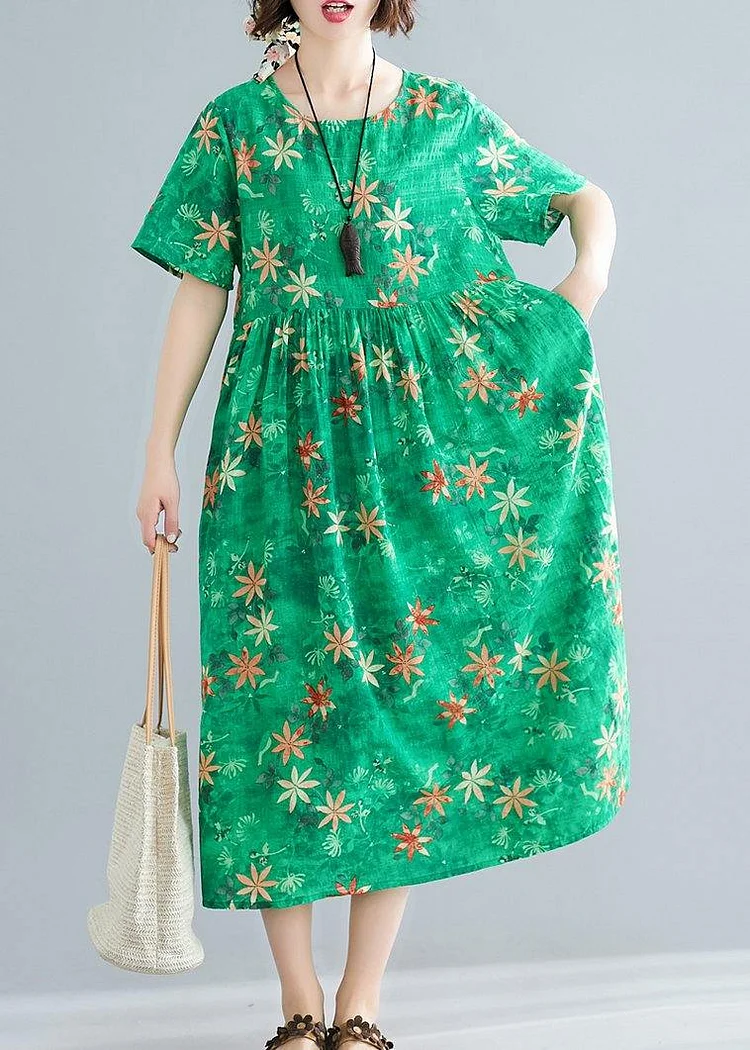 Loose o neck patchwork Cinched cotton dresses Outfits green print Traveling Dresses summer