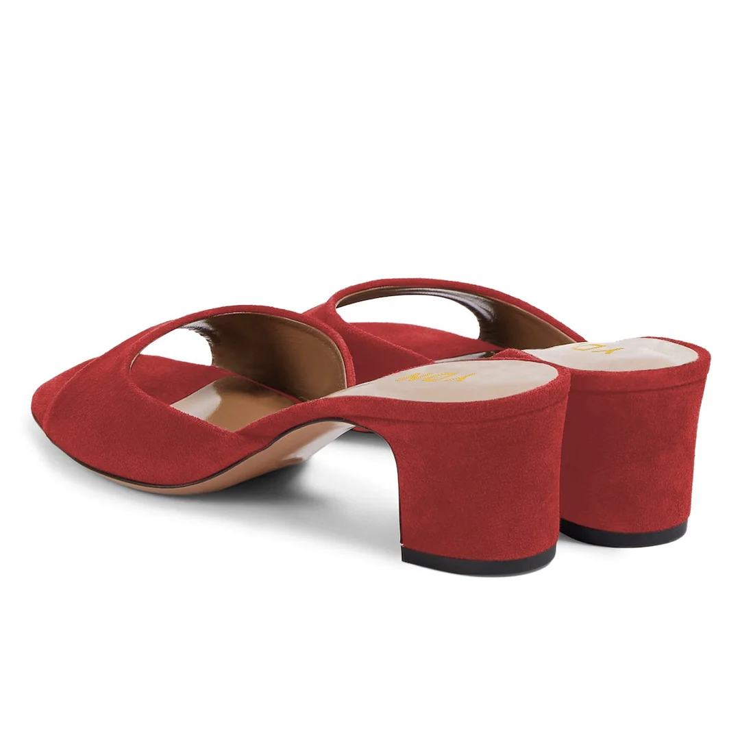 YDN Women's Red Vegan Suede Open Square Toe Slip-On Mule Heels
