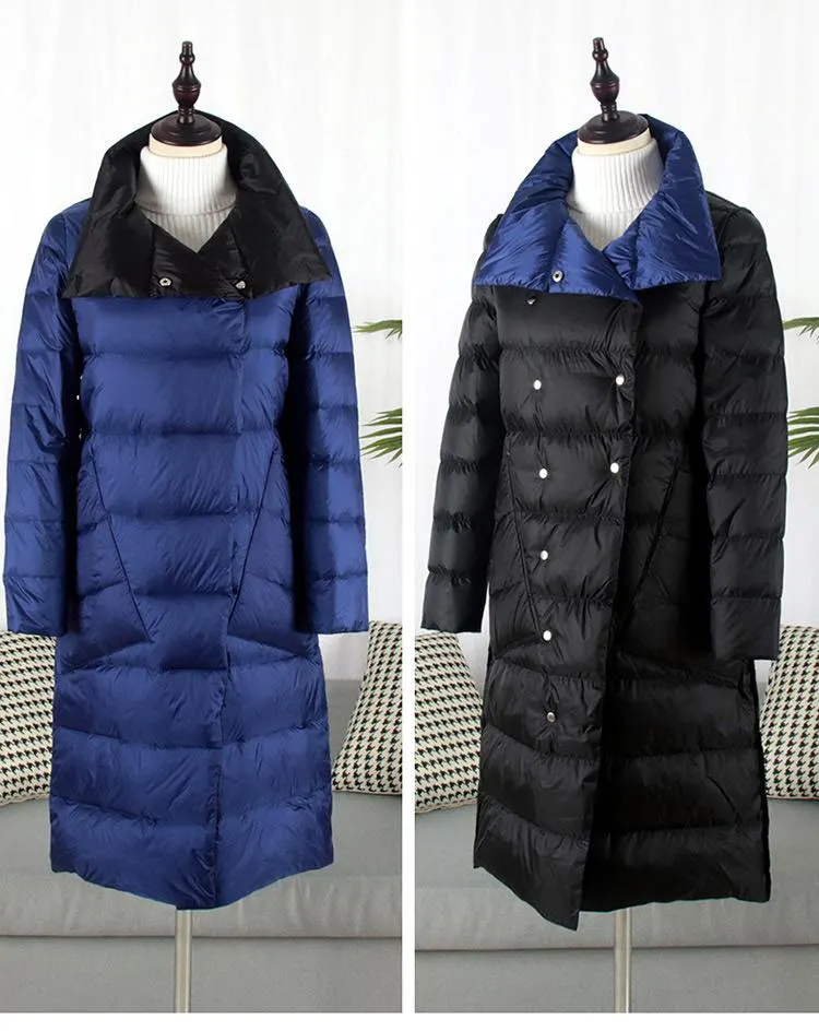 FTLZZ Duck Down Jacket Women Winter Long Double Sided Plaid Coat Female Plus Size Warm Down Parka Slim Outwear
