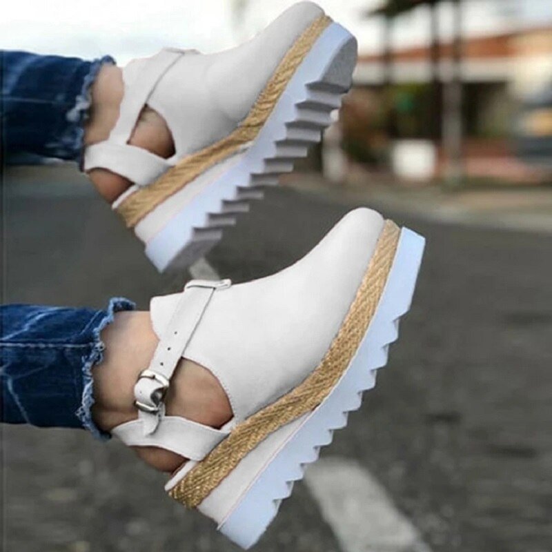 Women's Sandals Vintage Wedge Shoes Woman Buckle Strap Straw Thick Bottom Flats Platform Sandals Flock Female Shoes Summer 2020