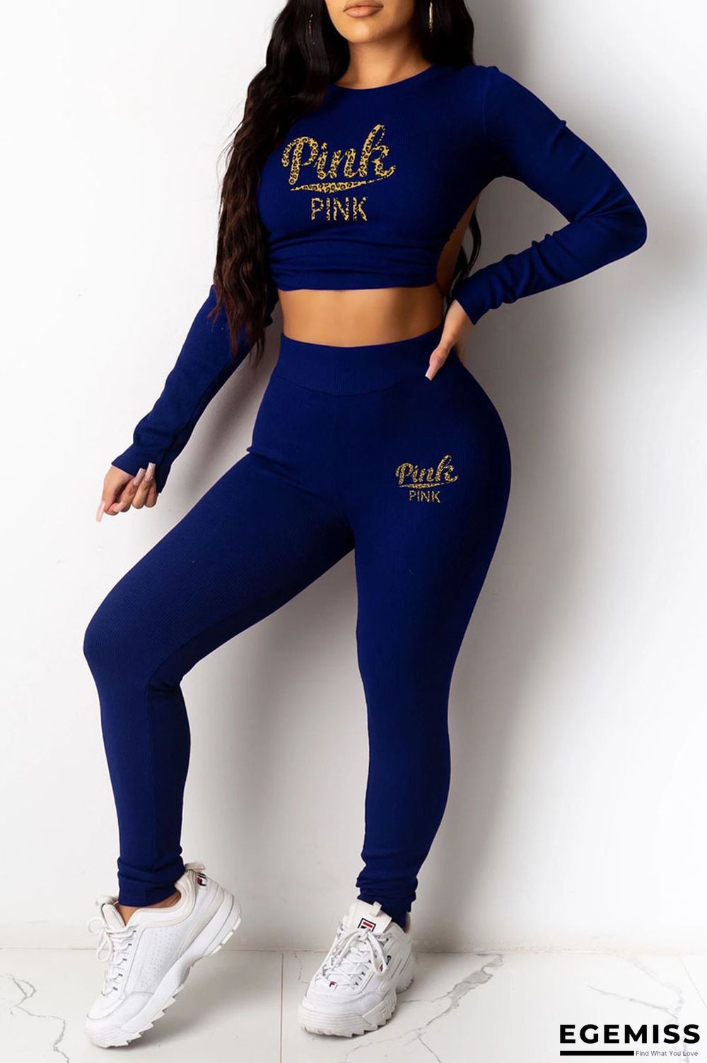 Royal Blue Sexy Print Patchwork Frenulum Backless O Neck Three Quarter Two Pieces | EGEMISS